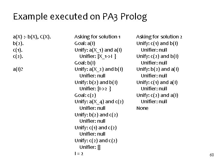 Example executed on PA 3 Prolog a(X) : - b(X), C(X). b(2). c(1). c(2). Example executed on PA 3 Prolog a(X) : - b(X), C(X). b(2). c(1). c(2).