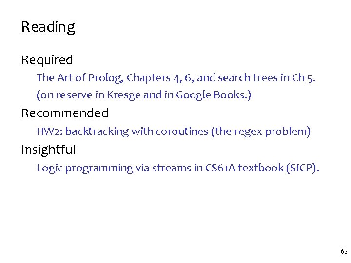 Reading Required The Art of Prolog, Chapters 4, 6, and search trees in Ch Reading Required The Art of Prolog, Chapters 4, 6, and search trees in Ch