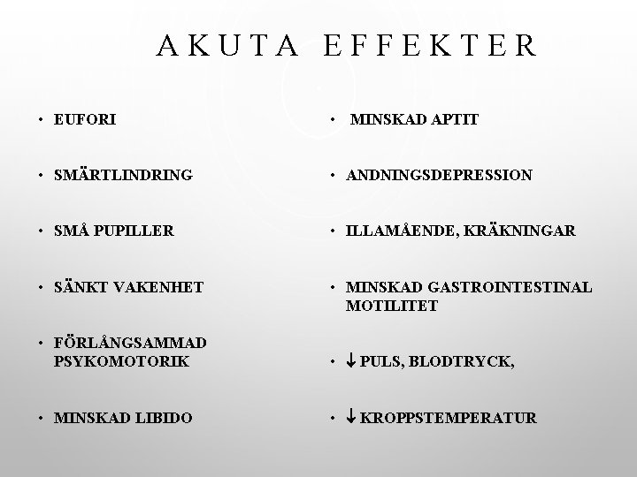 AKUTA EFFEKTER • EUFORI • MINSKAD APTIT • SMÄRTLINDRING • ANDNINGSDEPRESSION • SMÅ PUPILLER