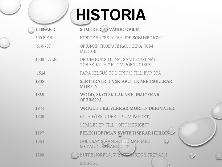 HISTORIA 4000 F. KR SUMERER ANVÄNDE OPIUM 300 F. KR HIPPOKRATES ANVÄNDE SOM MEDICIN