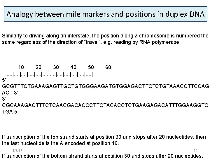 Analogy between mile markers and positions in duplex DNA Similarly to driving along an