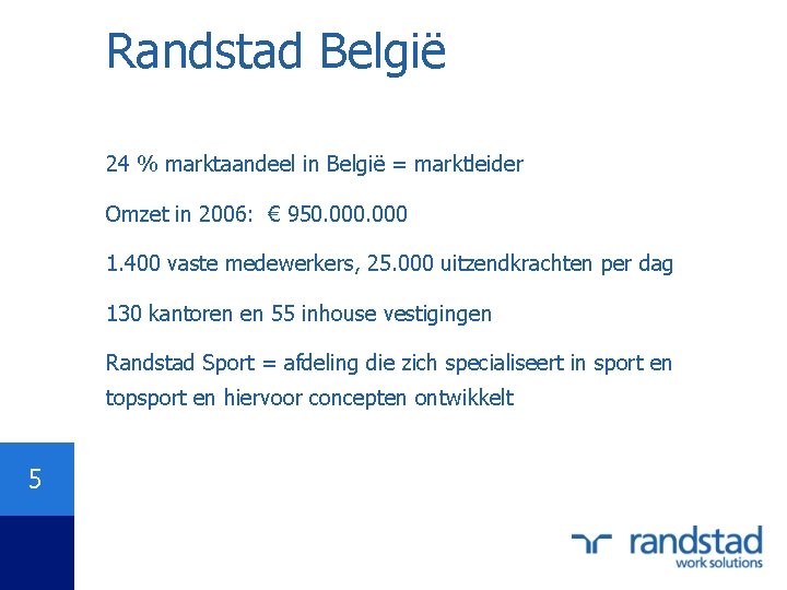 Randstad België 24 % marktaandeel in België = marktleider Omzet in 2006: € 950.