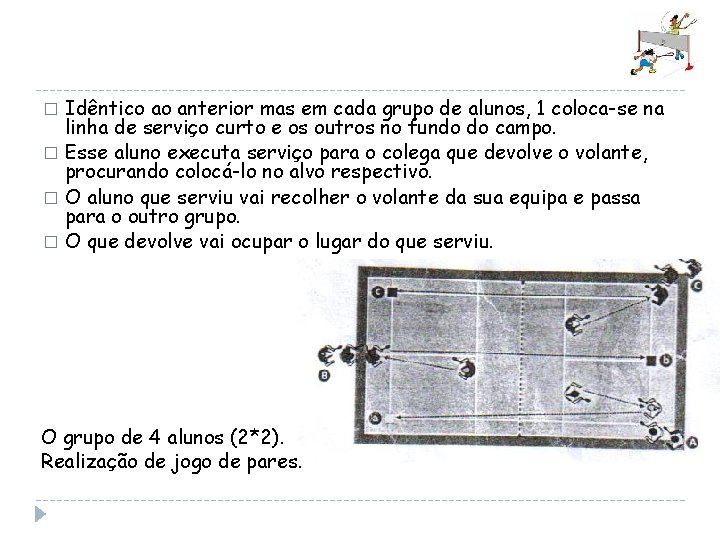 Idêntico ao anterior mas em cada grupo de alunos, 1 coloca-se na linha de