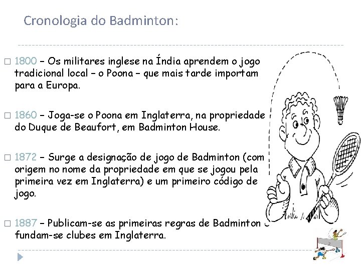 Cronologia do Badminton: � � 1800 – Os militares inglese na Índia aprendem o