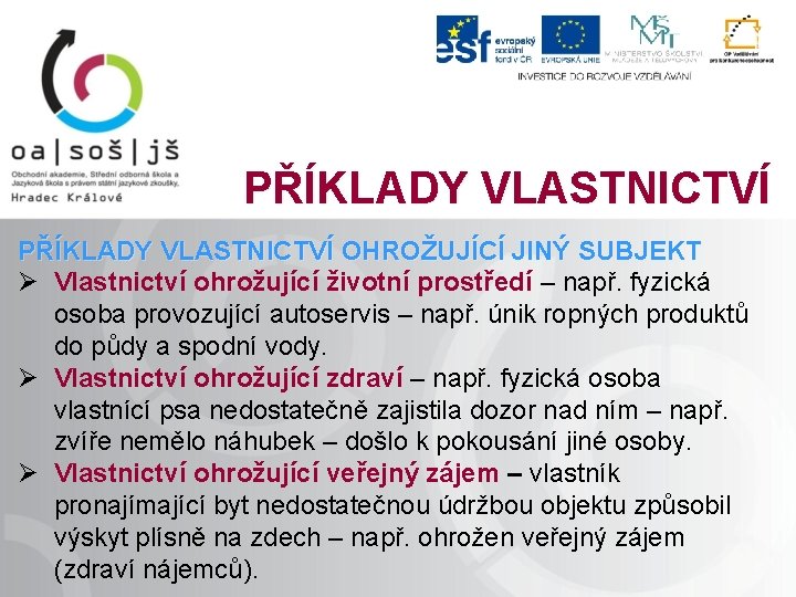 PŘÍKLADY VLASTNICTVÍ OHROŽUJÍCÍ JINÝ SUBJEKT Ø Vlastnictví ohrožující životní prostředí – např. fyzická osoba