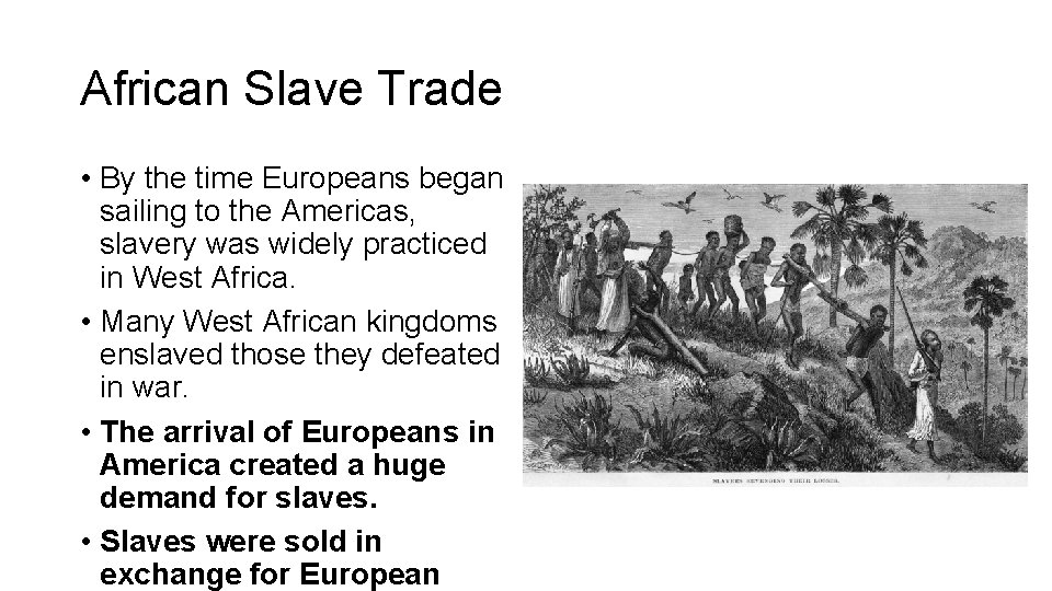 African Slave Trade • By the time Europeans began sailing to the Americas, slavery