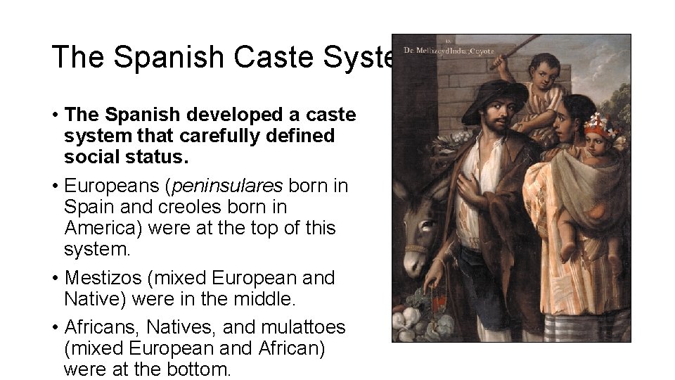 The Spanish Caste System • The Spanish developed a caste system that carefully defined