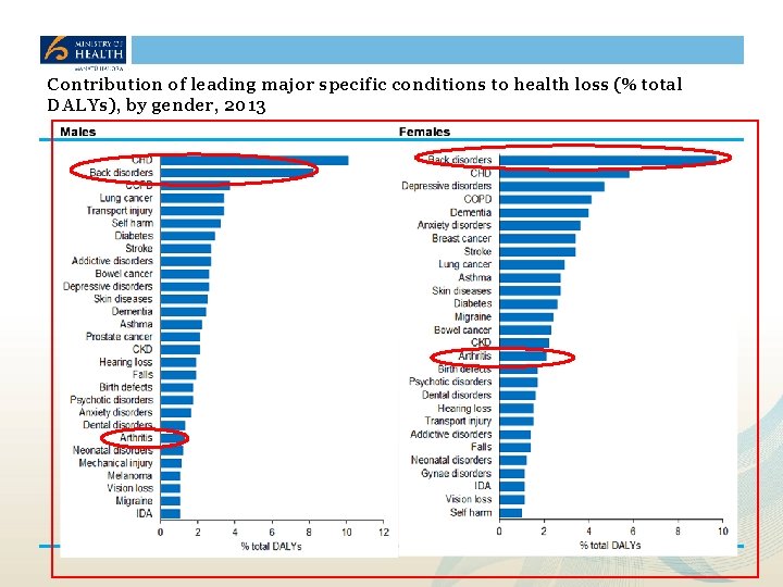 Contribution of leading major specific conditions to health loss (% total DALYs), by gender,