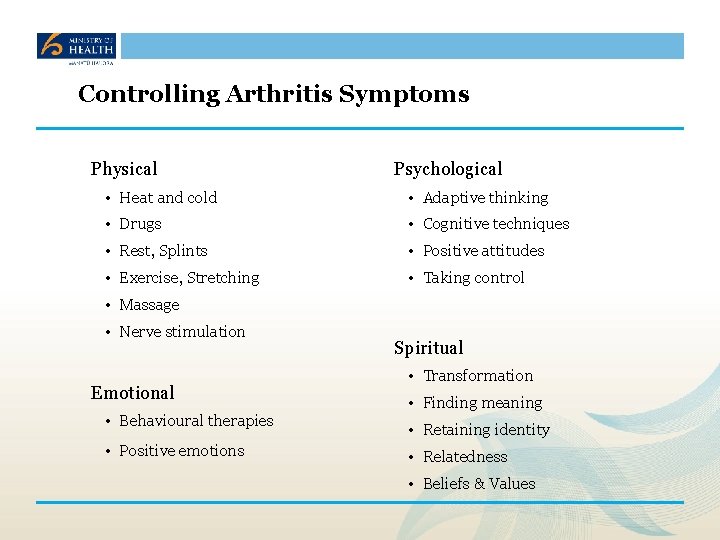 Controlling Arthritis Symptoms Physical Psychological • Heat and cold • Adaptive thinking • Drugs