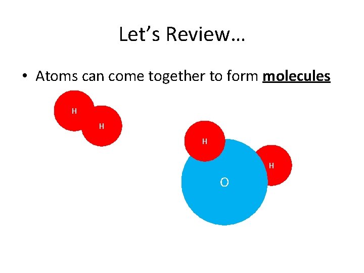Let’s Review… • Atoms can come together to form molecules H H O 