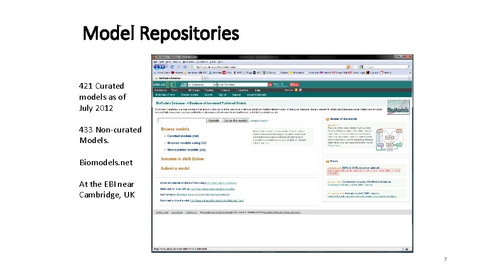 Model Repositories 421 Curated models as of July 2012 433 Non-curated Models. Biomodels. net