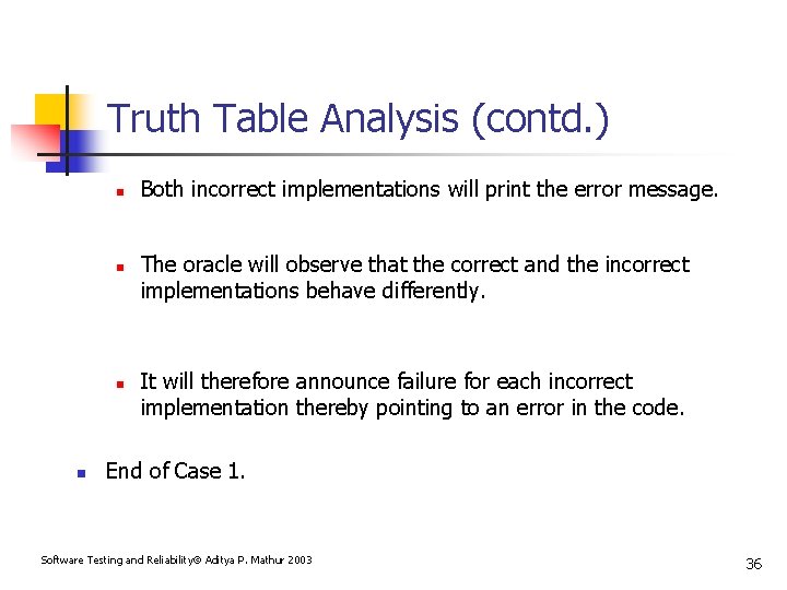 Truth Table Analysis (contd. ) n n Both incorrect implementations will print the error