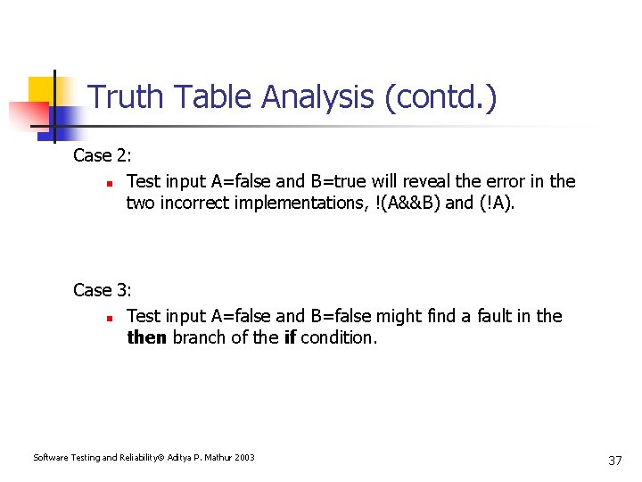 Truth Table Analysis (contd. ) Case 2: n Test input A=false and B=true will