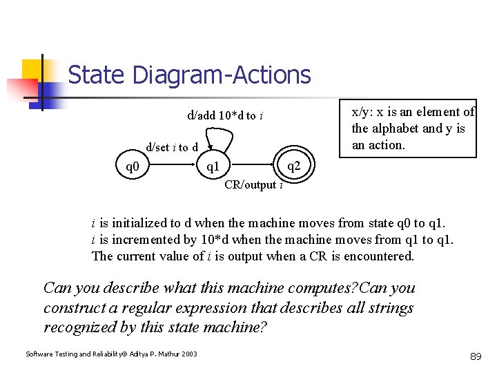 State Diagram-Actions x/y: x is an element of the alphabet and y is an