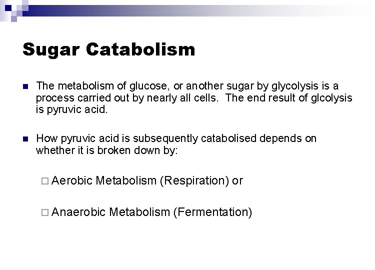 Sugar Catabolism n The metabolism of glucose, or another sugar by glycolysis is a