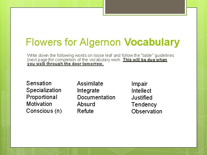 Flowers for Algernon Vocabulary Write down the following words on loose leaf and follow