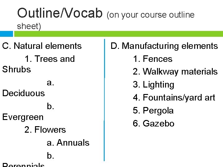 Outline/Vocab (on your course outline sheet) C. Natural elements 1. Trees and Shrubs a.