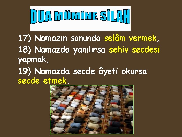 17) Namazın sonunda selâm vermek, 18) Namazda yanılırsa sehiv secdesi yapmak, 19) Namazda secde