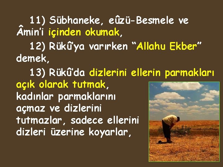 11) Sübhaneke, eûzü-Besmele ve min’i içinden okumak, 12) Rükû’ya varırken “Allahu Ekber” demek, 13)