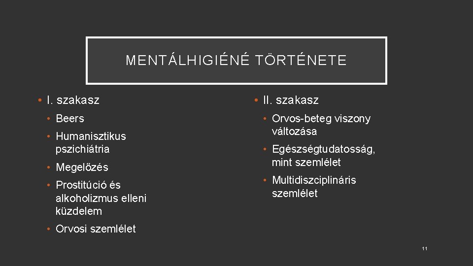 MENTÁLHIGIÉNÉ TÖRTÉNETE • I. szakasz • Beers • Humanisztikus pszichiátria • Megelőzés • Prostitúció