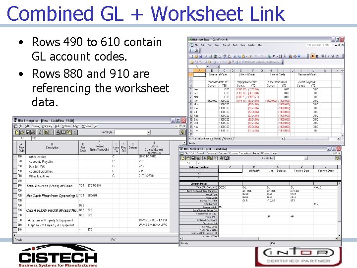 Combined GL + Worksheet Link • Rows 490 to 610 contain GL account codes.