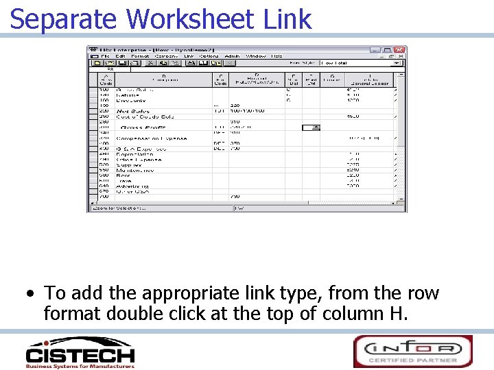 Separate Worksheet Link • To add the appropriate link type, from the row format