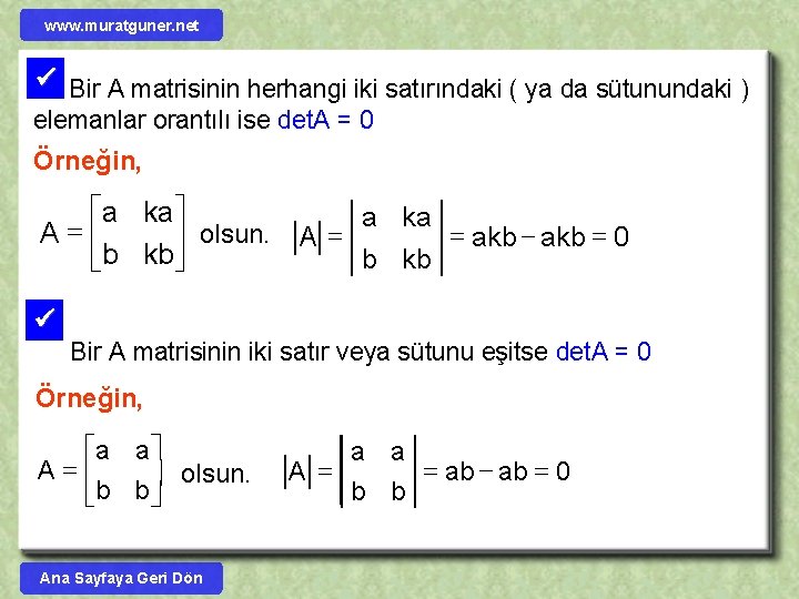 www. muratguner. net Bir A matrisinin herhangi iki satırındaki ( ya da sütunundaki )