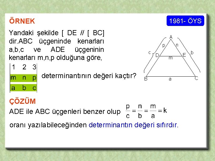 ÖRNEK 1981 - ÖYS Yandaki şekilde [ DE // [ BC] dir. ABC üçgeninde