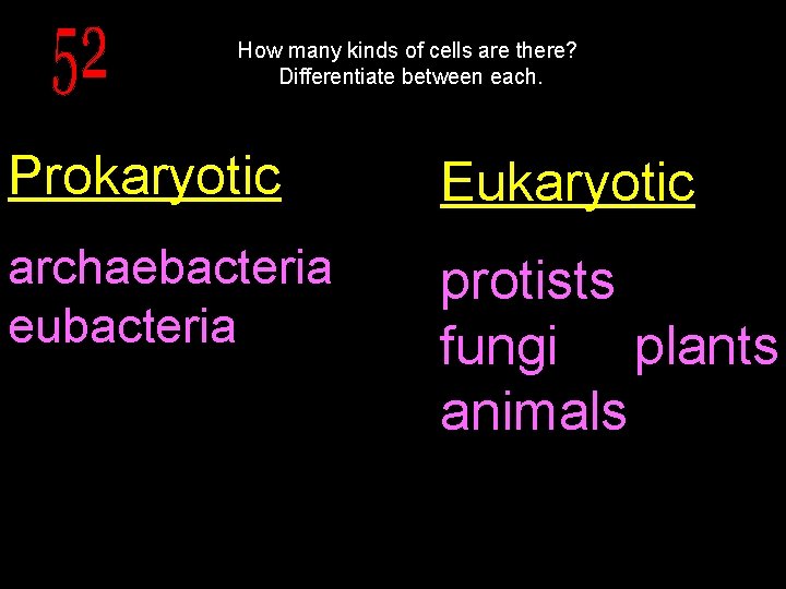 How many kinds of cells are there? Differentiate between each. Prokaryotic Eukaryotic archaebacteria eubacteria