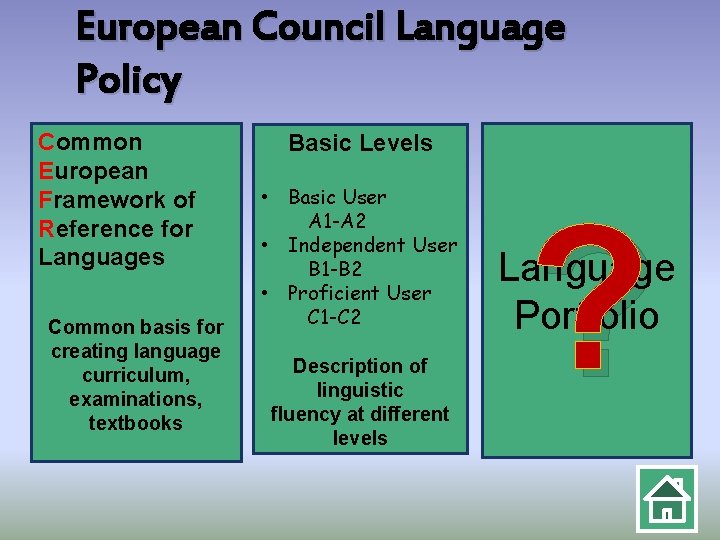 European Council Language Policy Common European Framework of Reference for Languages Common basis for
