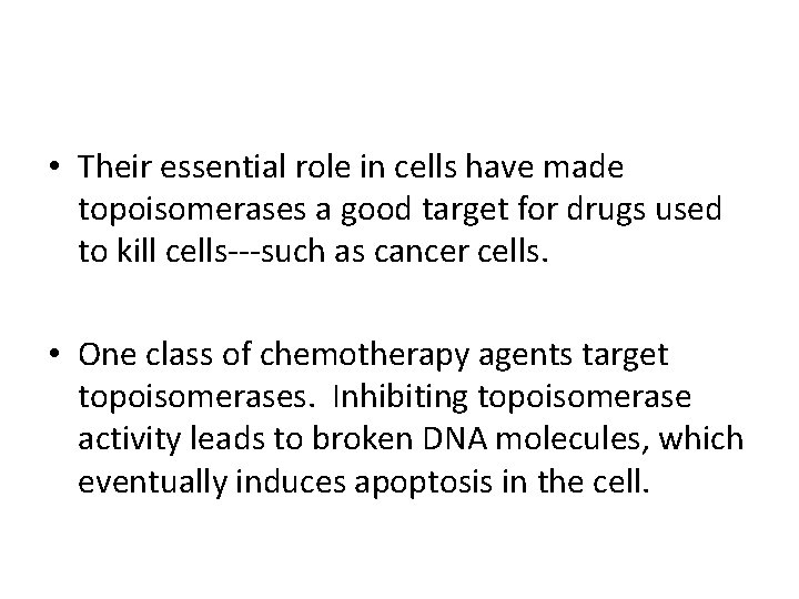  • Their essential role in cells have made topoisomerases a good target for