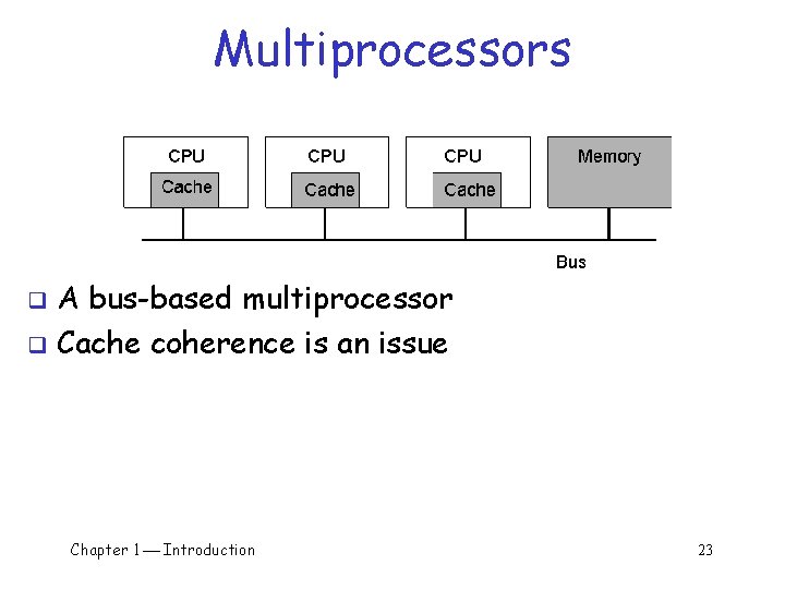 Multiprocessors A bus-based multiprocessor q Cache coherence is an issue q Chapter 1 Introduction Multiprocessors A bus-based multiprocessor q Cache coherence is an issue q Chapter 1 Introduction