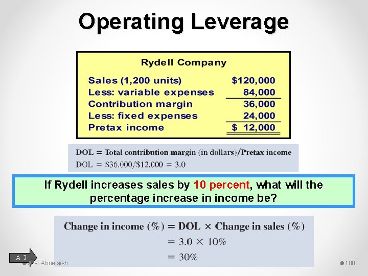 Operating Leverage If Rydell increases sales by 10 percent, what will the percentage increase