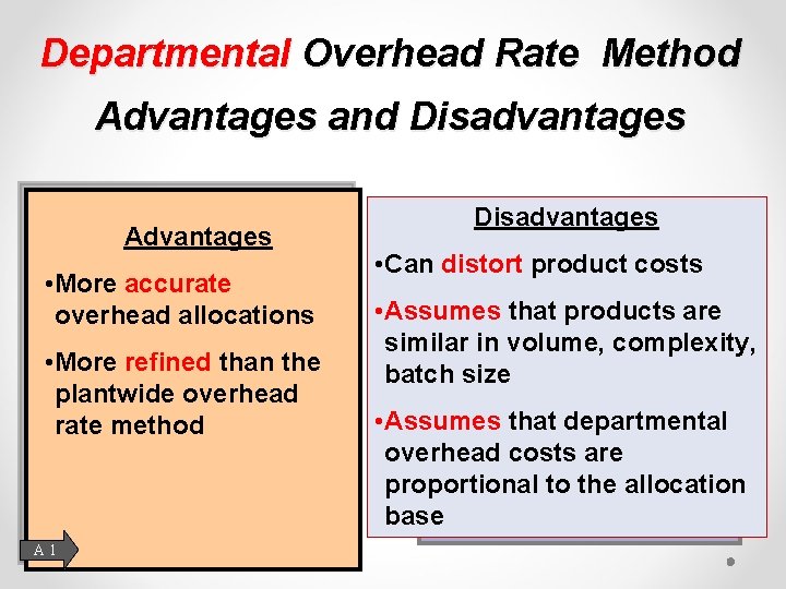 Departmental Overhead Rate Method Advantages and Disadvantages Advantages • More accurate overhead allocations •