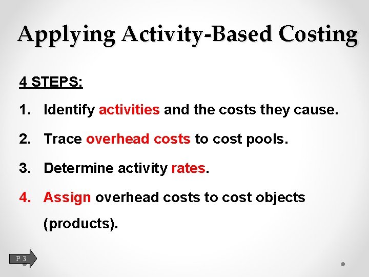 Applying Activity-Based Costing 4 STEPS: 1. Identify activities and the costs they cause. 2.