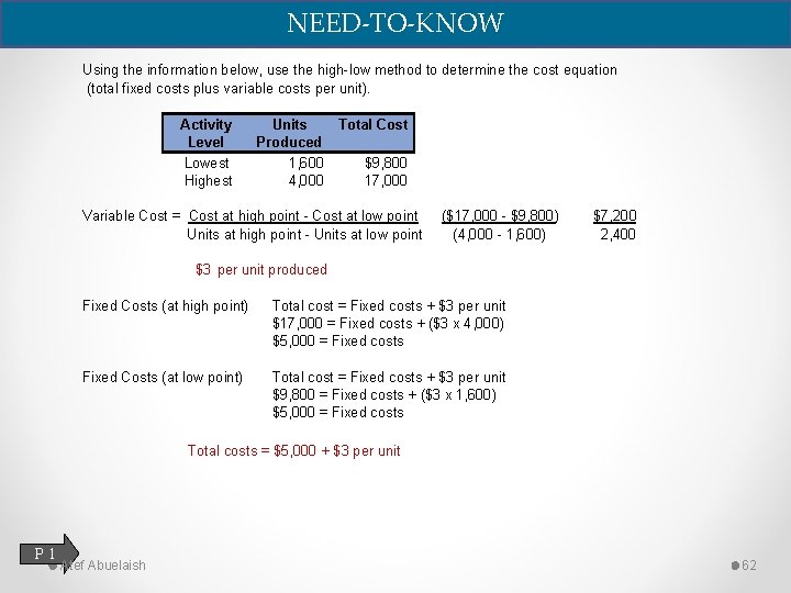 NEED-TO-KNOW Using the information below, use the high-low method to determine the cost equation