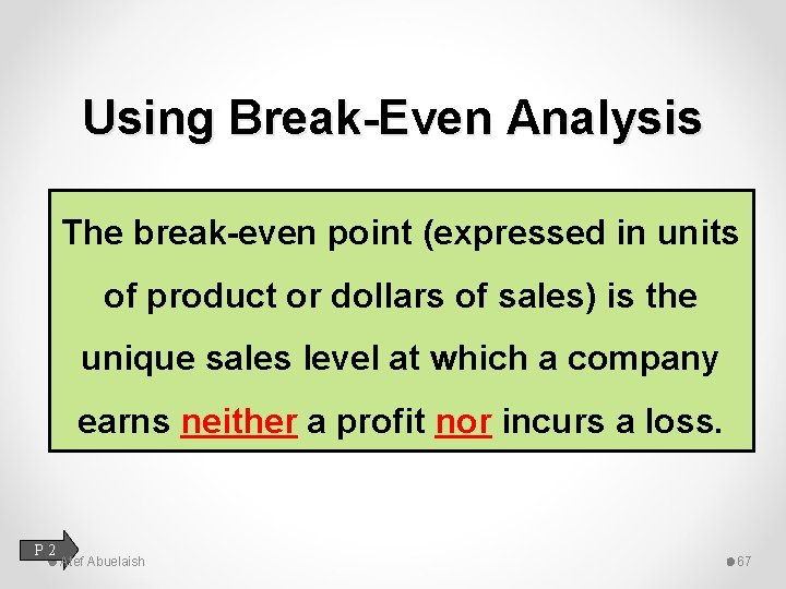 Using Break-Even Analysis The break-even point (expressed in units of product or dollars of