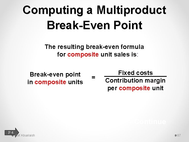 Computing a Multiproduct Break-Even Point The resulting break-even formula for composite unit sales is: