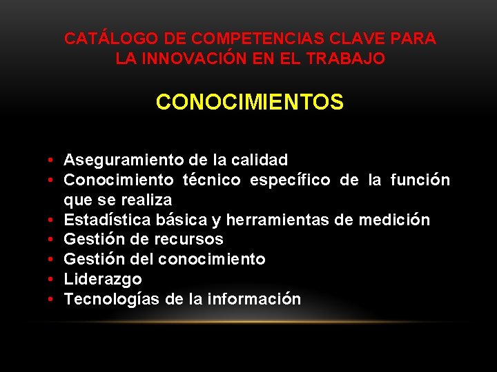 CATÁLOGO DE COMPETENCIAS CLAVE PARA LA INNOVACIÓN EN EL TRABAJO CONOCIMIENTOS • Aseguramiento de
