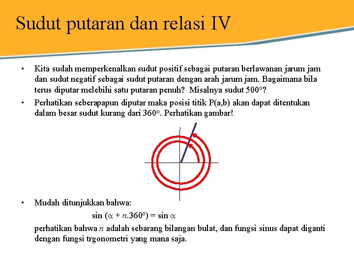 Sudut putaran dan relasi IV • • • Kita sudah memperkenalkan sudut positif sebagai