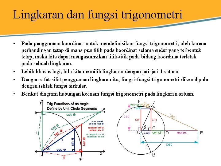 Lingkaran dan fungsi trigonometri • • Pada penggunaan koordinat untuk mendefinisikan fungsi trigonometri, oleh