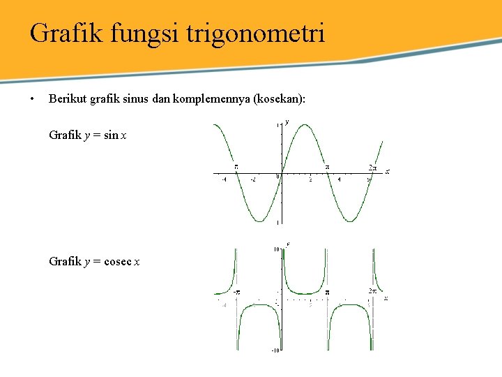 Grafik fungsi trigonometri • Berikut grafik sinus dan komplemennya (kosekan): Grafik y = sin