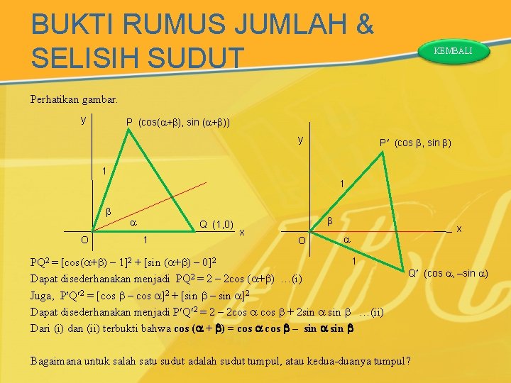 BUKTI RUMUS JUMLAH & SELISIH SUDUT KEMBALI Perhatikan gambar. y P (cos( + ),