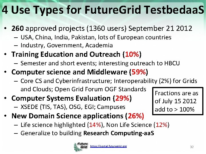 4 Use Types for Future. Grid Testbedaa. S • 260 approved projects (1360 users)