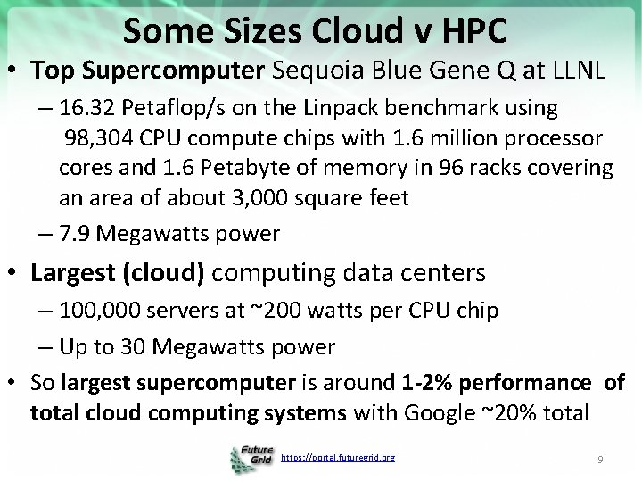 Some Sizes Cloud v HPC • Top Supercomputer Sequoia Blue Gene Q at LLNL