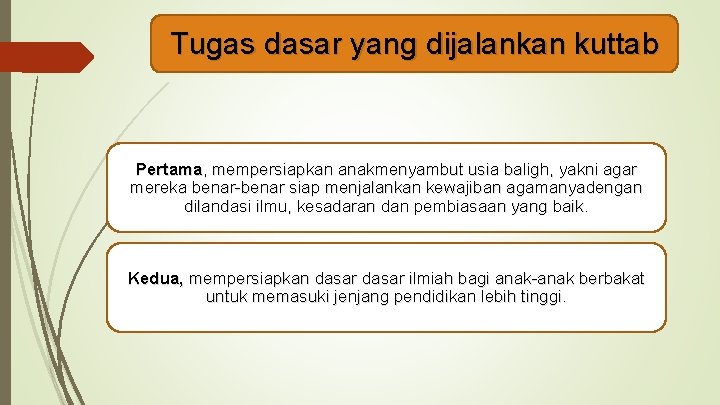 Tugas dasar yang dijalankan kuttab Pertama, mempersiapkan anakmenyambut usia baligh, yakni agar mereka benar-benar Tugas dasar yang dijalankan kuttab Pertama, mempersiapkan anakmenyambut usia baligh, yakni agar mereka benar-benar