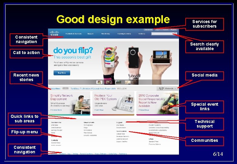 Good design example Consistent navigation Call to action Recent news stories Services for subscribers