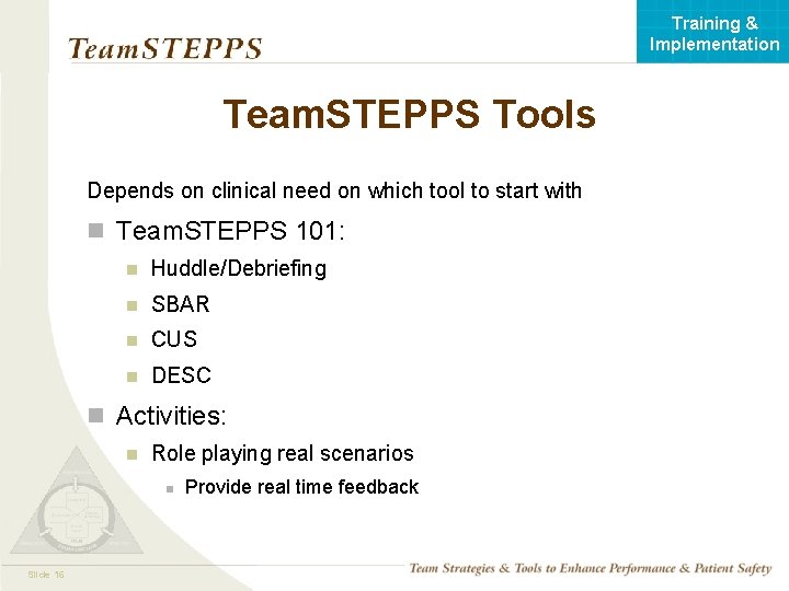 Training & Implementation Team. STEPPS Tools Depends on clinical need on which tool to