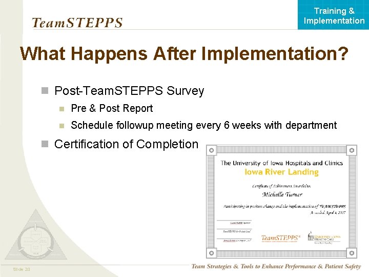 Training & Implementation What Happens After Implementation? n Post-Team. STEPPS Survey n Pre &