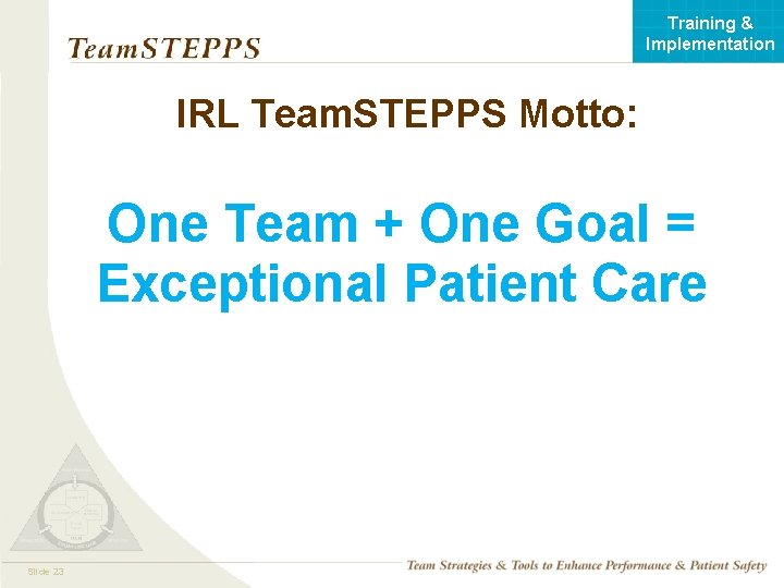 Training & Implementation IRL Team. STEPPS Motto: One Team + One Goal = Exceptional